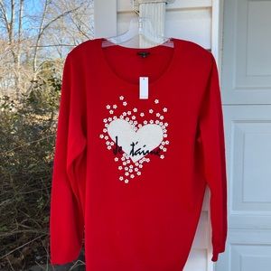 NWT Talbots Fun Red White Hearts Beaded Flowers J’taime Long Sleeve Sweater